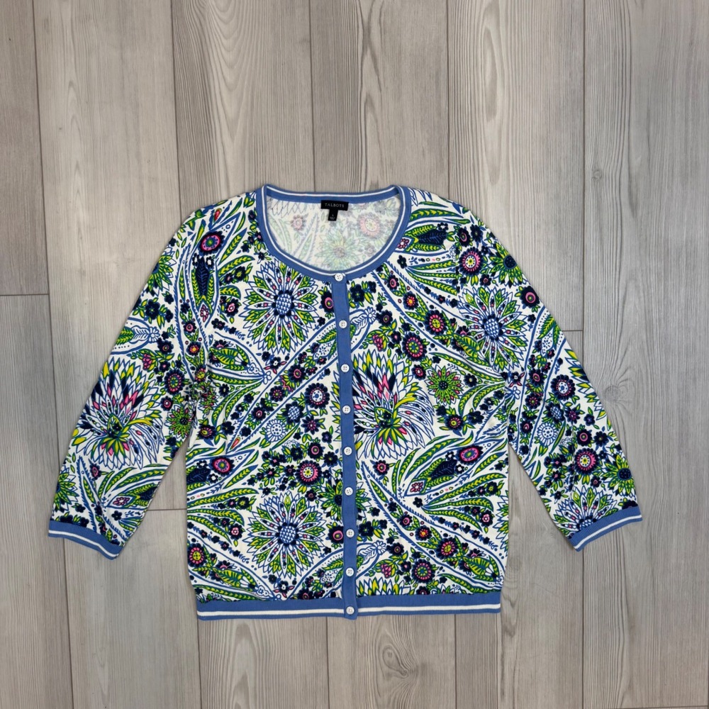 Talbots Paisley Floral Cardigan Blue Green White Cotton Blend Size L 3/4 Sleeve